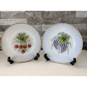 2- 1930’s Macbeth Evans Monax Petalware Hand Painted White Glass Plates Made USA
